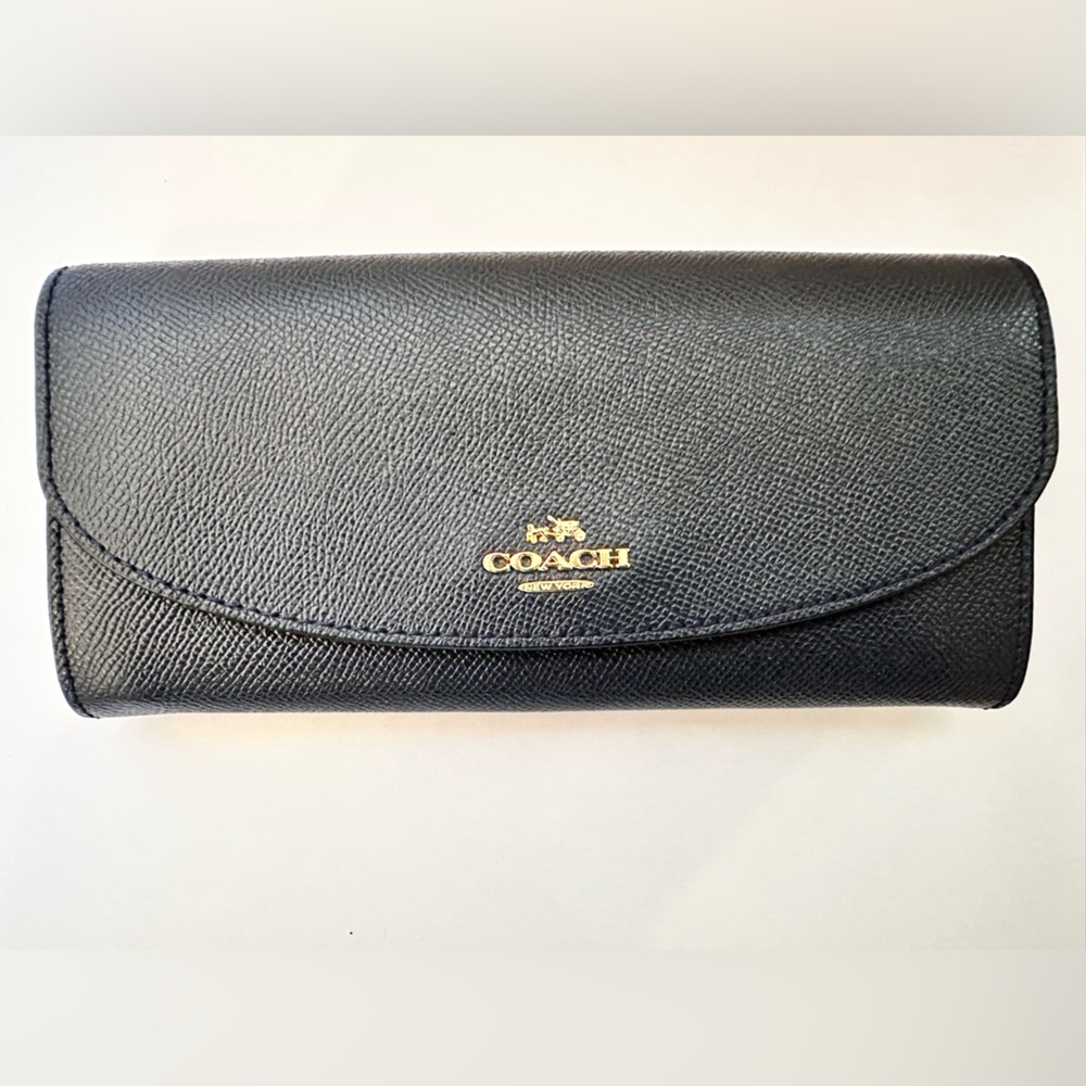 Coach Navy Black Leather Wallet with Gold Accents